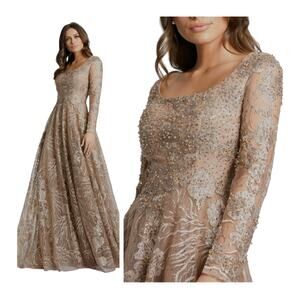 Mac Duggal 20285D Vintage Gold Mocha Formal Dress Embroidered Long Sleeve Gown 8